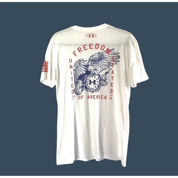 Under Armour Freedom HeatGear White T-Shirt With American Flag & Eagle Design Si - Picture 1 of 6